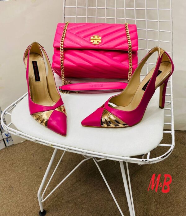 Pink shoes and gold shoes with a matching bag